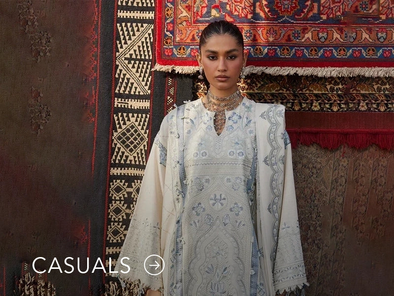 Model in a light blue casual kurta with floral and geometric prints; “Casuals” text below on Nainpreet’s banner..