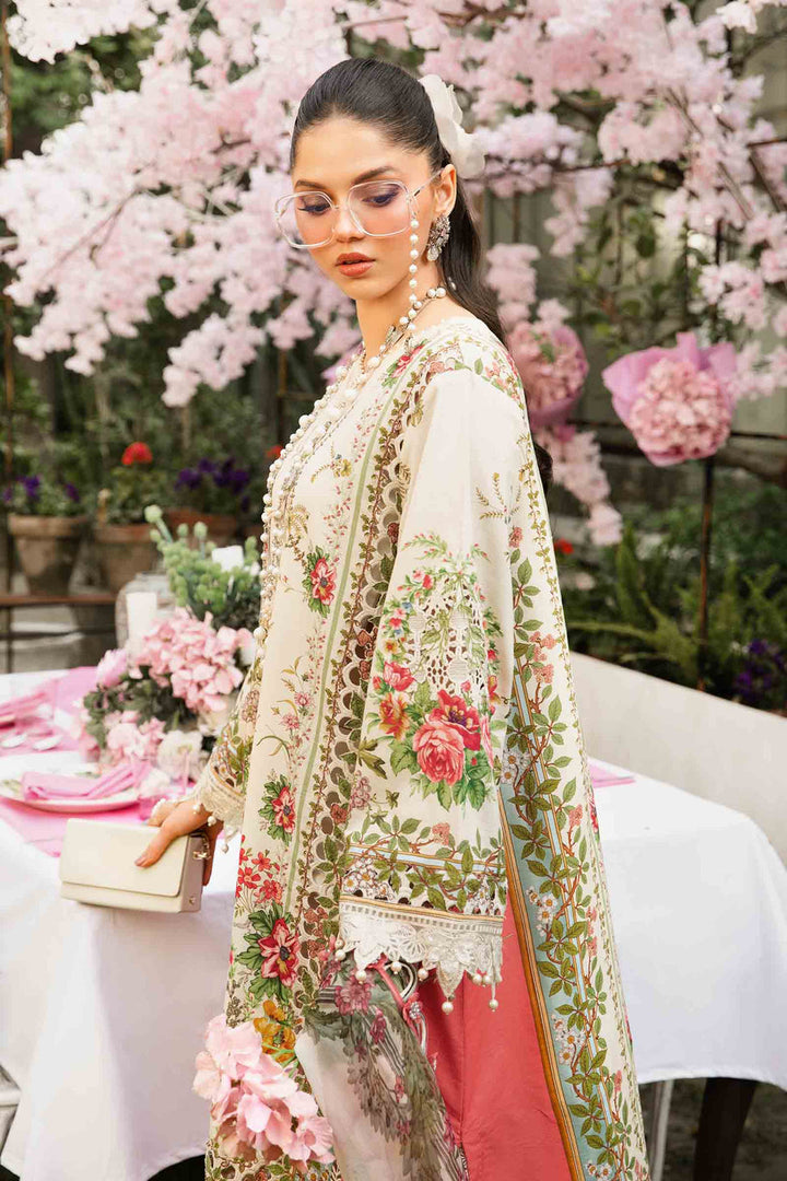The model stands in MPT-2605-A — cream florals with pink lining, pearl jewellery and clutch framed by cherry blossoms.
