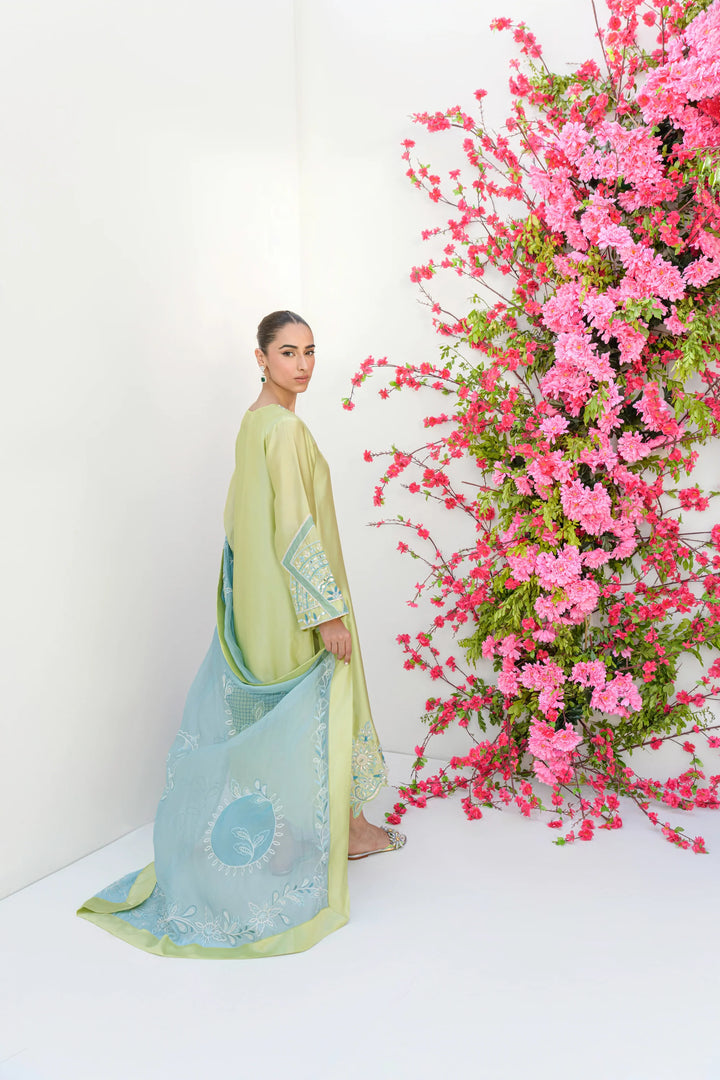 The model stands indoors wearing Mint Margarita: a lime-kiwi Sheesha silk shirt paired with a flowing blue skirt adorned with delicate floral embroidery.