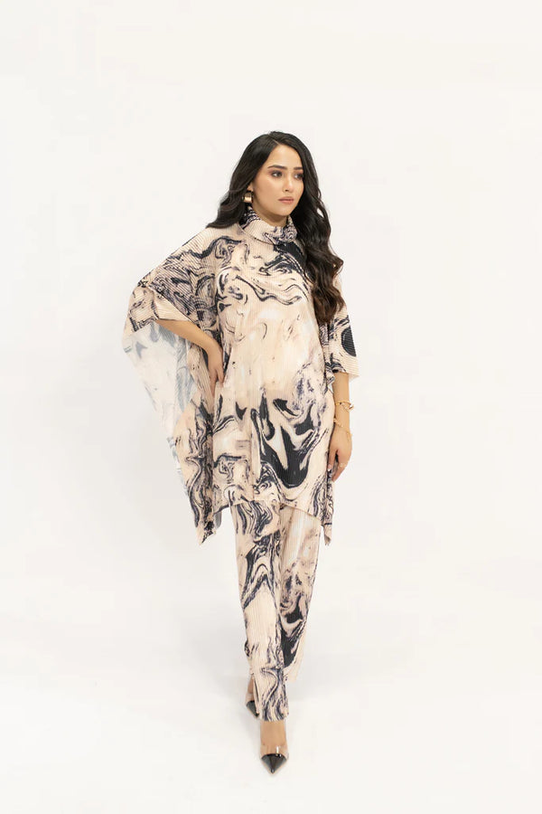 Hassal Spring Summer 24 - Yasmin Beige Marble Poncho Pleated Suit
