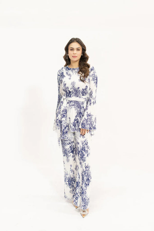 Spring Summer 24 - Melihe Floral Blue Printed Pleated Suit