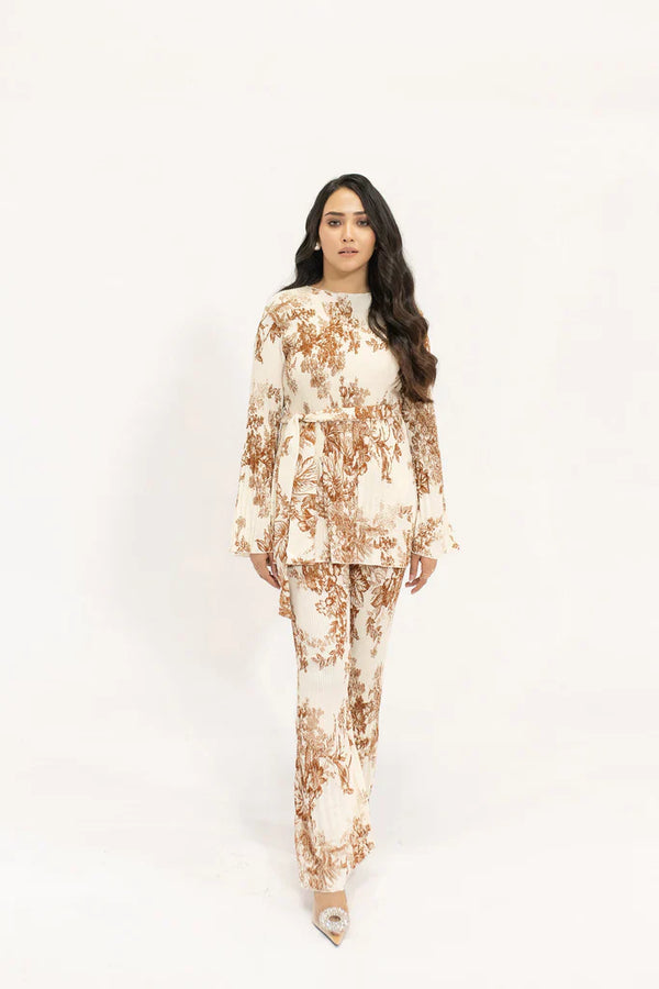 Spring Summer 24 - Melihe Floral Beige Printed Pleated Suit