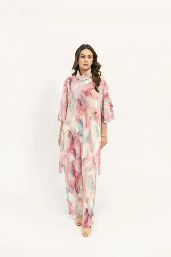 Hassal Spring Summer 24 - Nazik Pink On Pink Wasted Poncho Pleated Suit