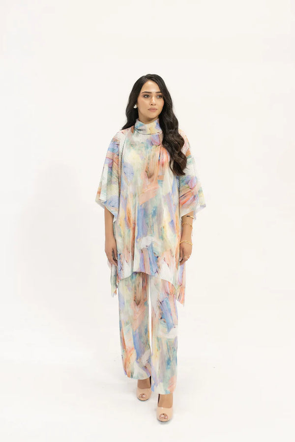 Hassal Spring Summer 24 - Nazik Blue /Pink Wasted Poncho Pleated Suit
