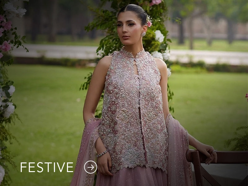A banner for the festive collection on Nainpreet, featuring embroidered velvet and celebratory accents.