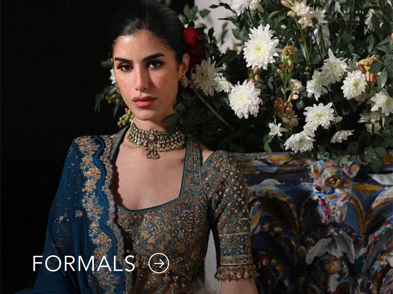 Nainpreet model in maroon formal wear with sheer sleeves, styled against a soft gray backdrop, and "Formals" text below.