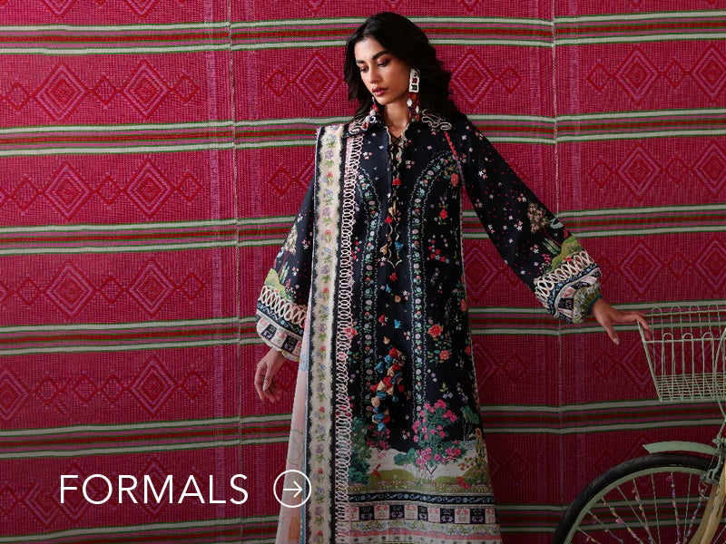 Nainpreet model in maroon formal wear with sheer sleeves, styled against a soft gray backdrop, and "Formals" text below.