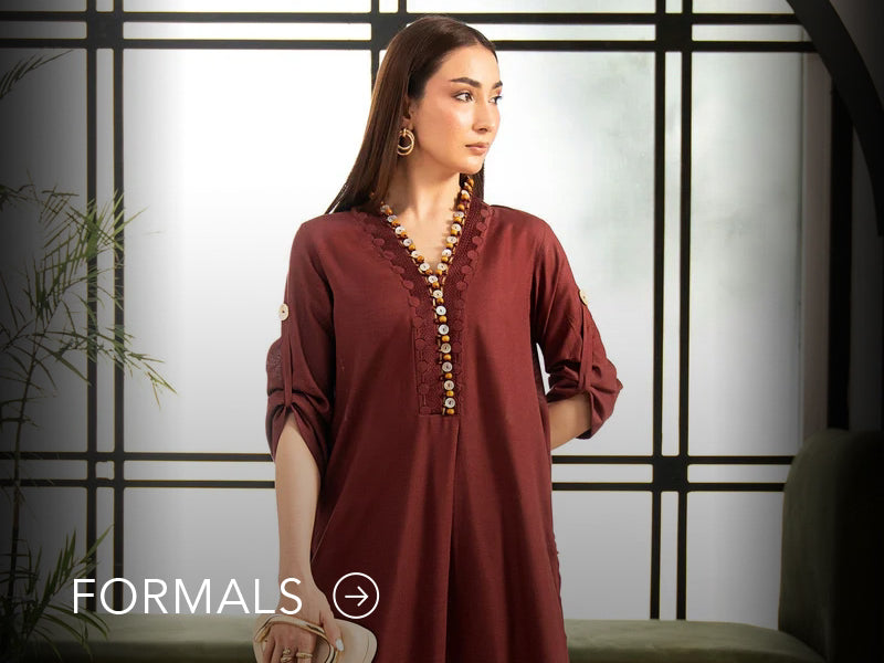 Nainpreet model in maroon formal wear with sheer sleeves, styled against a soft gray backdrop, and "Formals" text below.