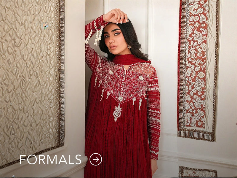 Nainpreet model in maroon formal wear with sheer sleeves, styled against a soft gray backdrop, and "Formals" text below.