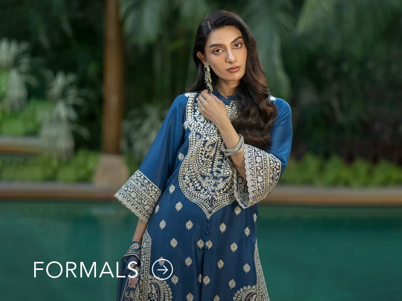 Nainpreet model in maroon formal wear with sheer sleeves, styled against a soft gray backdrop, and "Formals" text below.