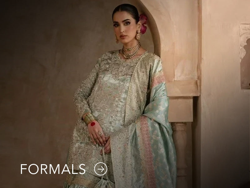 Nainpreet model in maroon formal wear with sheer sleeves, styled against a soft gray backdrop, and "Formals" text below.