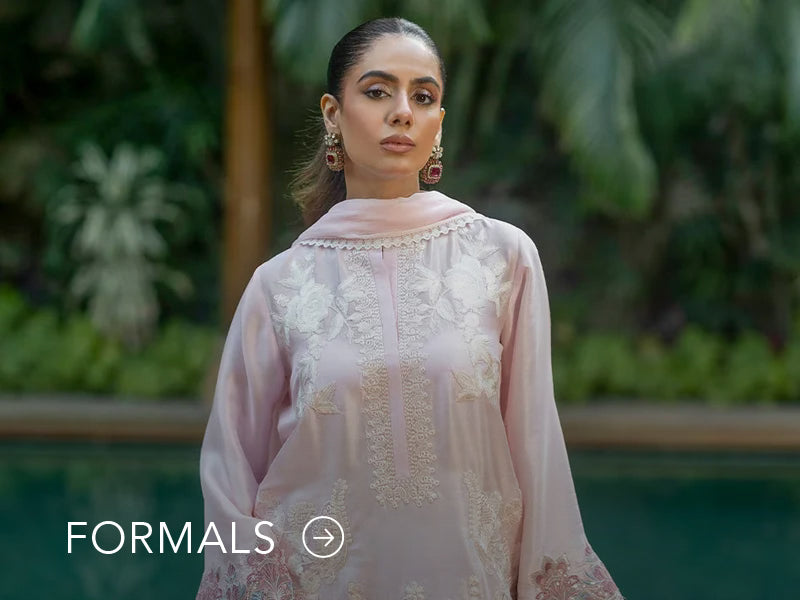 Nainpreet model in maroon formal wear with sheer sleeves, styled against a soft gray backdrop, and "Formals" text below.