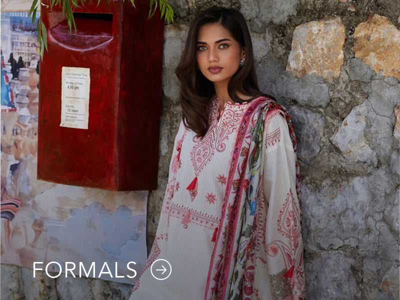 Nainpreet model in maroon formal wear with sheer sleeves, styled against a soft gray backdrop, and "Formals" text below.