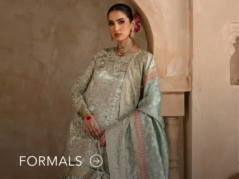 Nainpreet model in maroon formal wear with sheer sleeves, styled against a soft gray backdrop, and "Formals" text below.