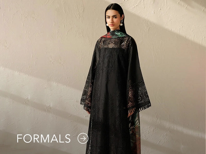 Nainpreet model in maroon formal wear with sheer sleeves, styled against a soft gray backdrop, and "Formals" text below.
