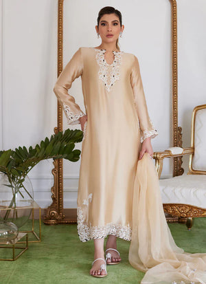 Luna Eid 24 - Melvina Champagne Beige Embroidered Shisha Silk Shirt With Dupatta