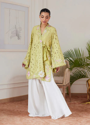 Luna Eid 24 - Abigail Kiwi Embroidered Raw Silk Schiffli Kimono Wrap