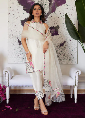 Luna Eid 24 - Genevive Pearl White Embroidered Raw Silk Shirt With Dupatta