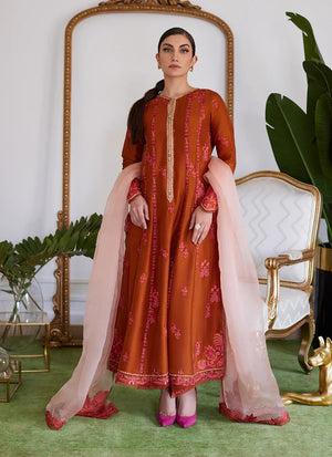 Luna Eid 24 - Seneera Embroidered Rust Raw Silk Kalidaar With Dupatta