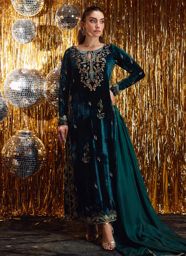 Velvet Fete '25 - Gleen Forest Green Velvet Shirt And Dupatta