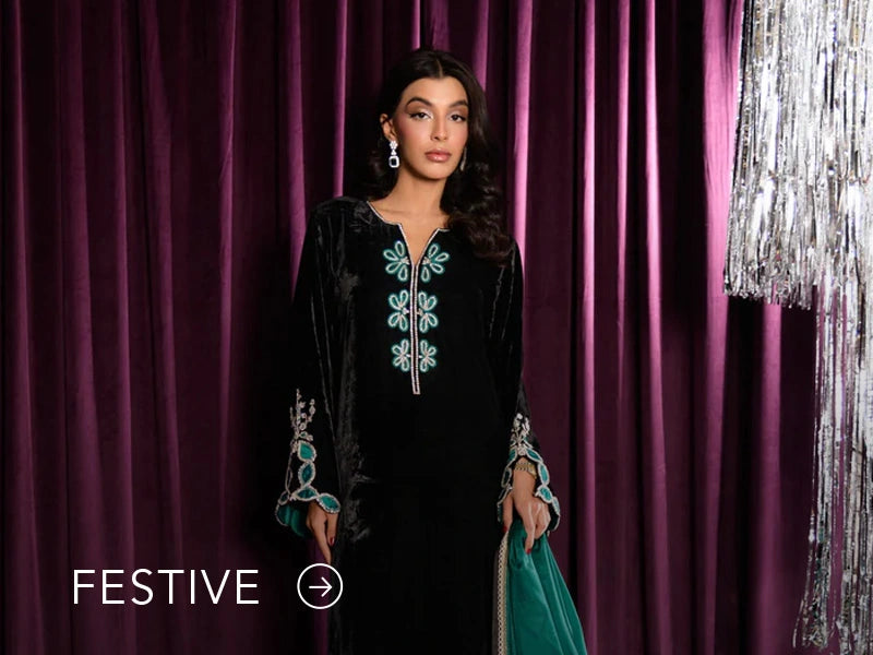 A banner for the festive collection on Nainpreet, featuring embroidered velvet and celebratory accents.