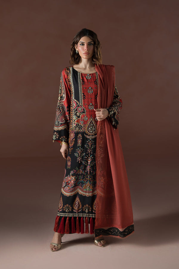 Luxe Edit '25 - Modern Mughal Long Black and Rust Tassel Kaftan Set (D-02)