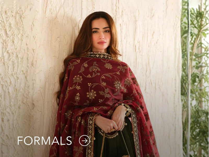 Nainpreet model in maroon formal wear with sheer sleeves, styled against a soft gray backdrop, and "Formals" text below.