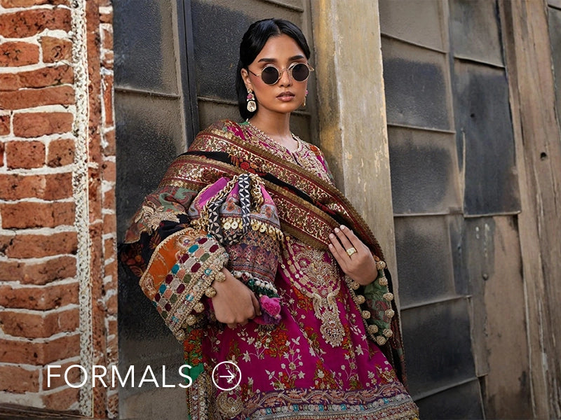 Nainpreet model in maroon formal wear with sheer sleeves, styled against a soft gray backdrop, and "Formals" text below.