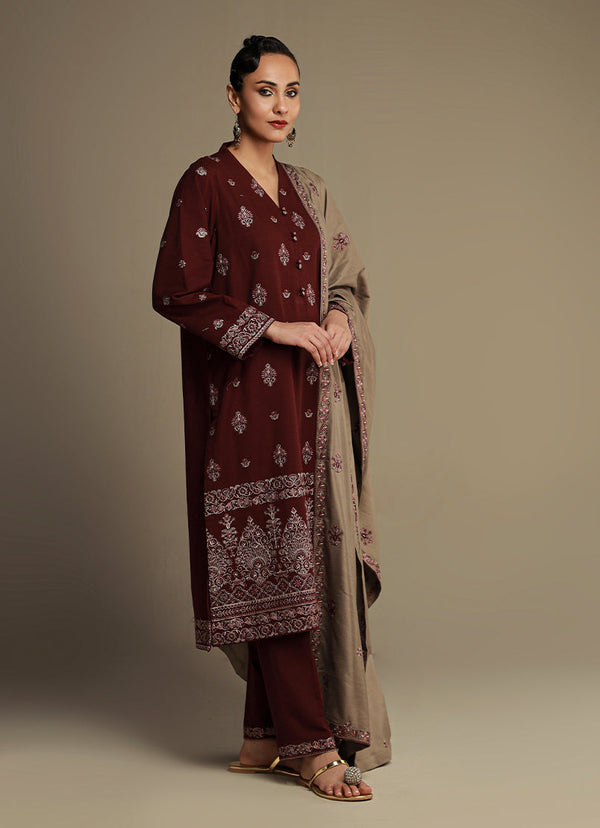 3 Pc Khaddar Embroidered Suit - Ikse-213977