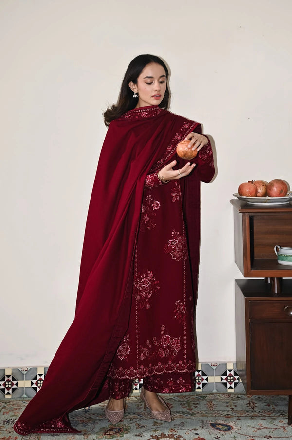 A/W Pret '25 - DEEP MAROON LUXURY EMBROIDERED KARANDI 3PCS SET (NPA3-25450)