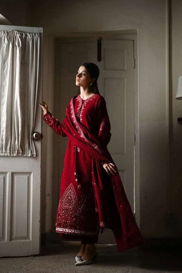 A/W Pret '25 - DEEP RED LUXURY EMBROIDERED KARANDI 3PCS SET (NPA3-25449)