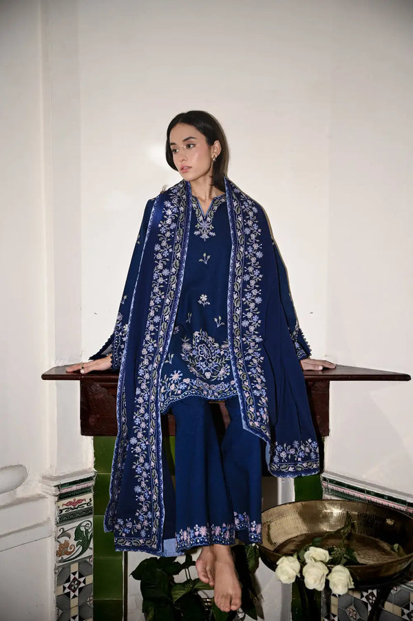 A/W Pret '25 - DARK BLUE LUXURY EMBROIDERED KARANDI 3PCS SET(NPA3-25443)