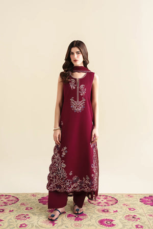 Ready To Wear SS '26 - DEEP BURGUNDY LUXURY EMBROIDERED 3PCS SET | NPA3-26420