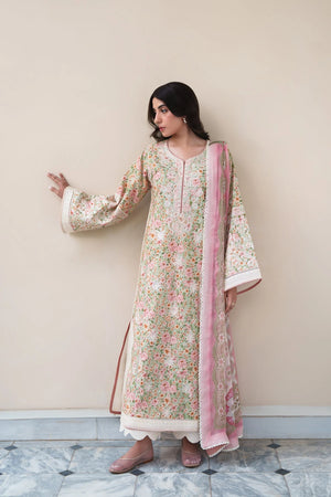 Dream Monsoon Spring '26 - SOFT PISTACHIO LUXURY EMBROIDERED PRINTED PREMIUM COTTON 3PCS SET (NEL-26630)