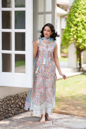 Dream Monsoon Spring '26 - SOFT BLUE LUXURY EMBROIDERED PRINTED PREMIUM COTTON 3PCS SET (NEL-26628)