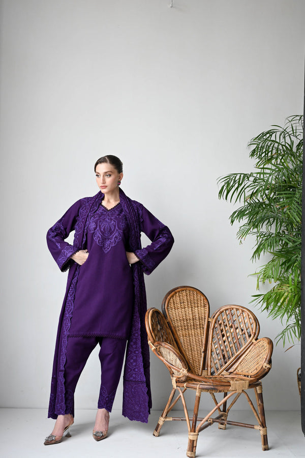 Luxury Karandi Vol II  - DEEP PURPLE LUXURY EMBROIDERED KARANDI SET (NEL-24633)