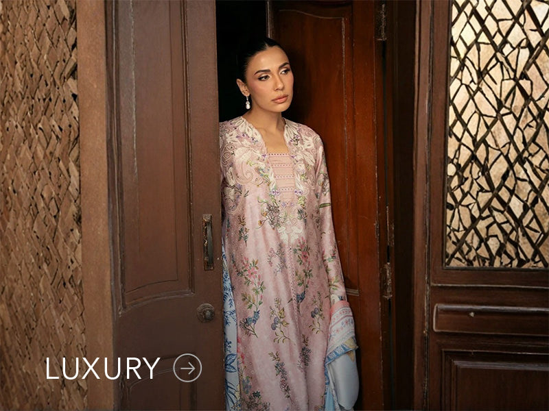 Nainpreet banner with pastel green outfit, a model in embroidered green ensemble, pink embroidery, floral earrings, and “Luxury” label.