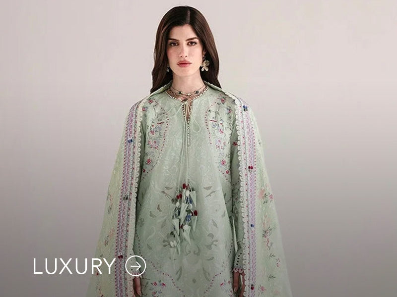 Nainpreet banner with pastel green outfit, a model in embroidered green ensemble, pink embroidery, floral earrings, and “Luxury” label.