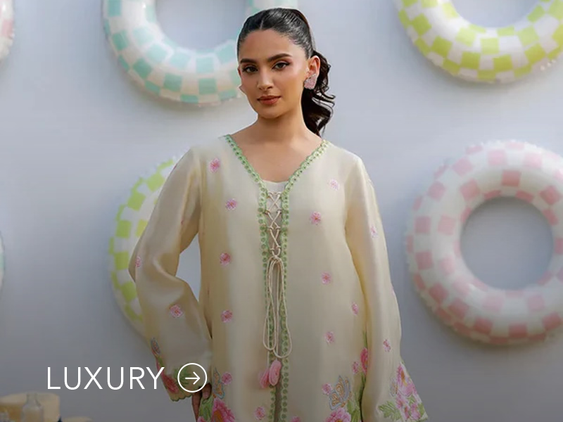 Nainpreet banner with pastel green outfit, a model in embroidered green ensemble, pink embroidery, floral earrings, and “Luxury” label.