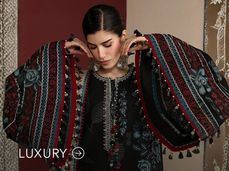Nainpreet banner with pastel green outfit, a model in embroidered green ensemble, pink embroidery, floral earrings, and “Luxury” label.