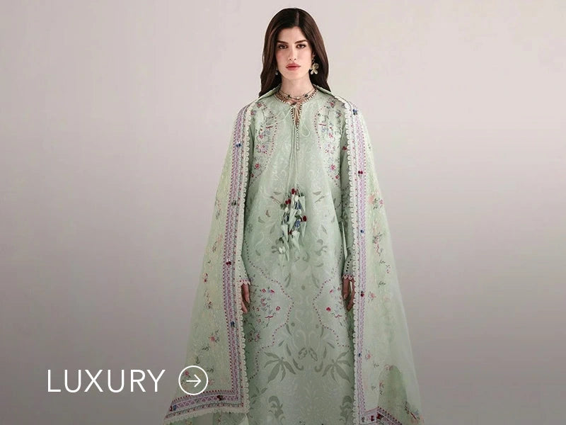 Nainpreet banner with pastel green outfit, a model in embroidered green ensemble, pink embroidery, floral earrings, and “Luxury” label.