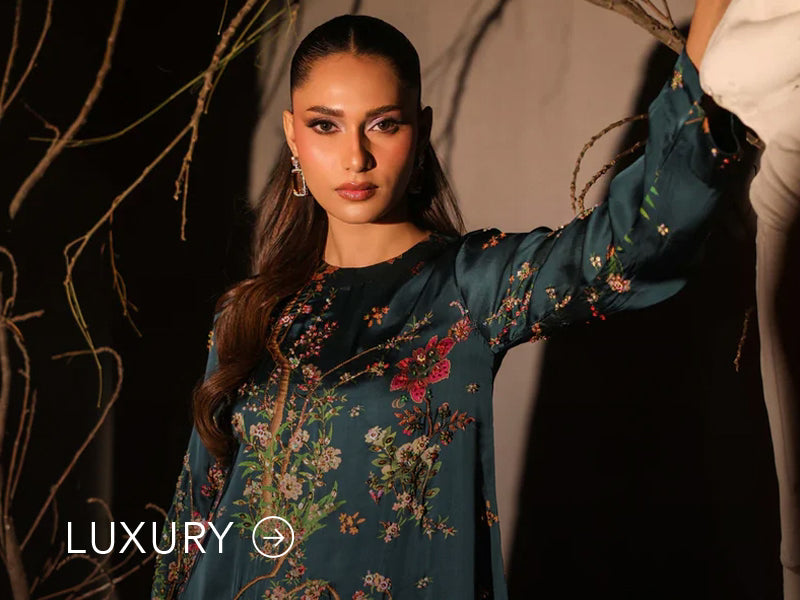 Nainpreet banner with pastel green outfit, a model in embroidered green ensemble, pink embroidery, floral earrings, and “Luxury” label.