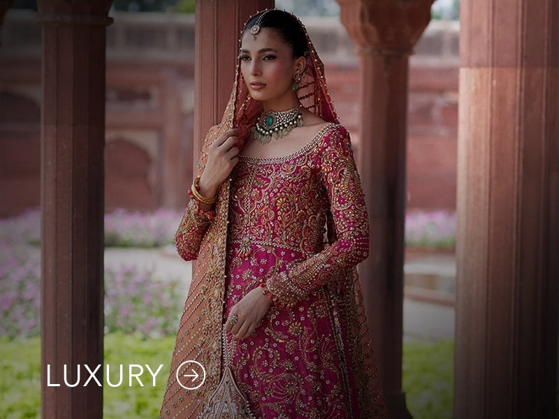 Nainpreet banner with pastel green outfit, a model in embroidered green ensemble, pink embroidery, floral earrings, and “Luxury” label.