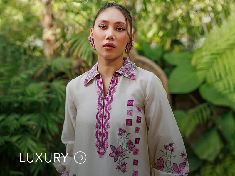 Nainpreet banner with pastel green outfit, a model in embroidered green ensemble, pink embroidery, floral earrings, and “Luxury” label.