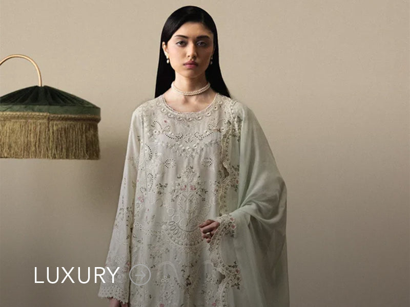 Nainpreet banner with pastel green outfit, a model in embroidered green ensemble, pink embroidery, floral earrings, and “Luxury” label.