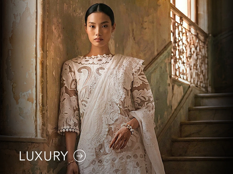 Nainpreet banner with pastel green outfit, a model in embroidered green ensemble, pink embroidery, floral earrings, and “Luxury” label.