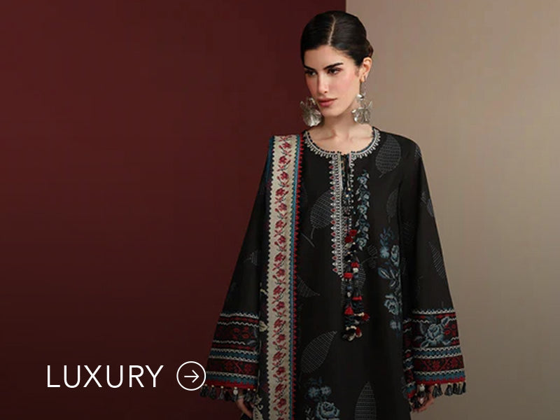 Nainpreet banner with pastel green outfit, a model in embroidered green ensemble, pink embroidery, floral earrings, and “Luxury” label.