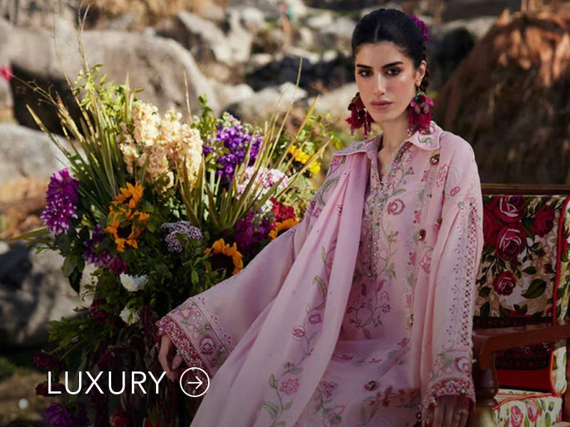 Nainpreet banner with pastel green outfit, a model in embroidered green ensemble, pink embroidery, floral earrings, and “Luxury” label.