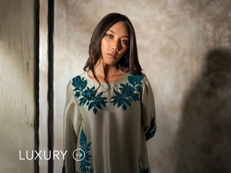 Nainpreet banner with pastel green outfit, a model in embroidered green ensemble, pink embroidery, floral earrings, and “Luxury” label.