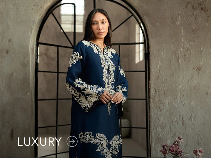 Nainpreet banner with pastel green outfit, a model in embroidered green ensemble, pink embroidery, floral earrings, and “Luxury” label.